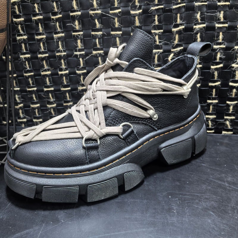 Genuine Leather Round Toe Martin Boots Handsome Short Barrel Motorcycle Boots Thick Bottom Crazy Strap Pentagram - Image 4